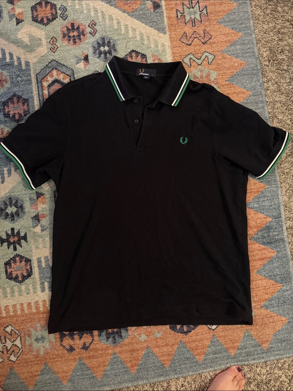 Fred Perry Black Polo with Green Trim and Laurel Logo